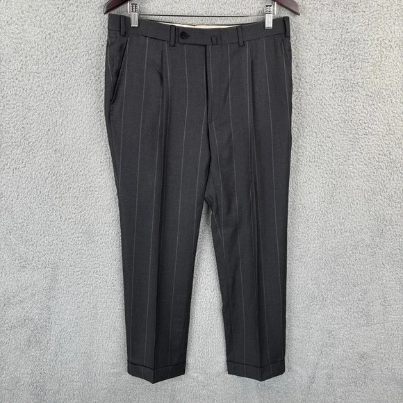 ISAIA Napoli Flat Front Dress Pants Men's 32x28 Black Chalk Stripe Made Italy - Picture 1 of 9